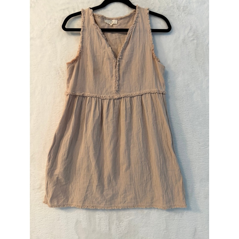 Entro Tan Gauze Cotton Frayed Fringe Babydoll Mini Dress Sleeveless V-Neck Small